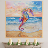 Watercolor Painting of a Vibrant Seahorse on the Shore with Ocean Waves and a Soft Sunset Sky on Ready to Hang 1.5" Thick Canvas Wrap, Floating Framed Canvas, Flat Rolled Canvas